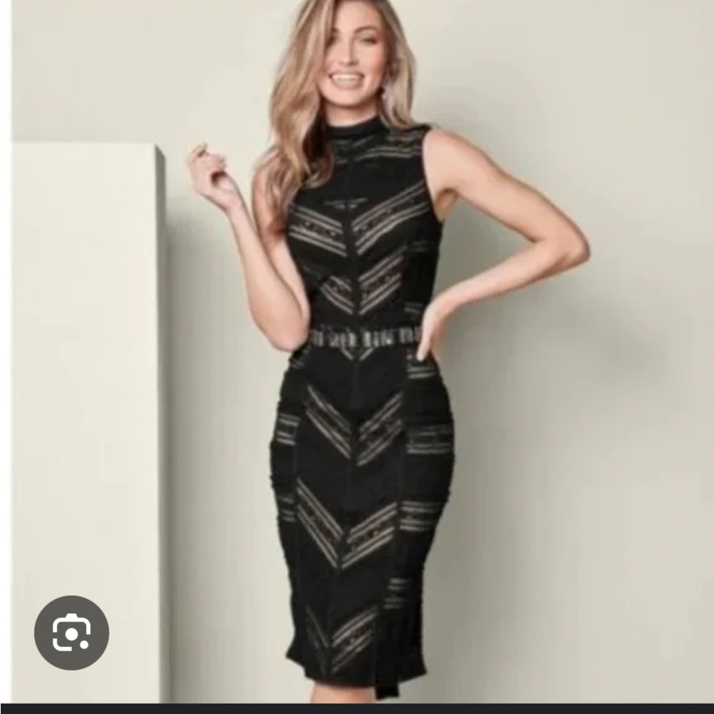 VENUS Black Lace-Accent Sleeveless Midi Dress